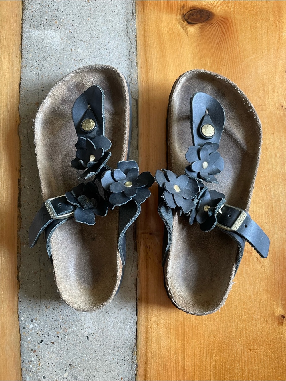 Birkenstock Black Floral Leather Sandals for Women